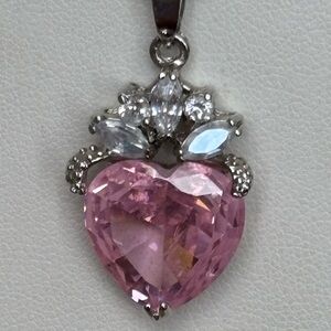 925 Italy Snake Chain with pink glass heart pendant and clear rhinestones